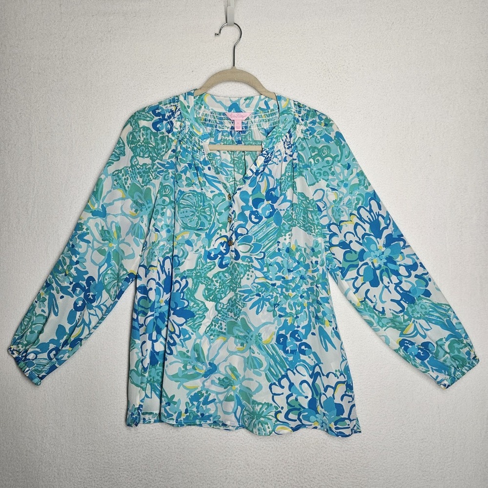 Lilly Pulitzer Elsa Blue, Green, White 100% Silk V-Neck Blouse Size Small
